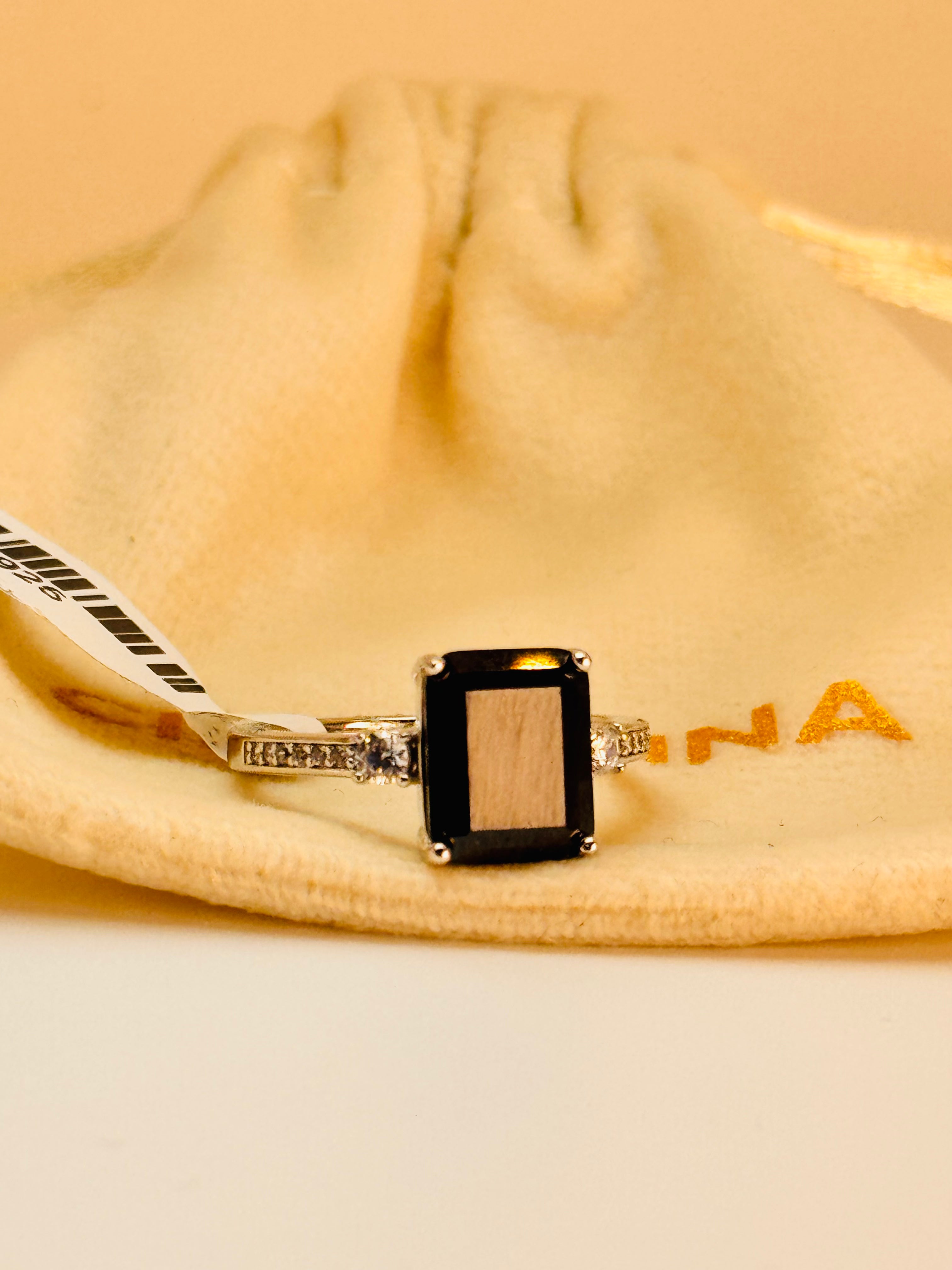 Rhodium Played Emerald Shaped Onyx Simulant on Solid 925 Sterling Silver