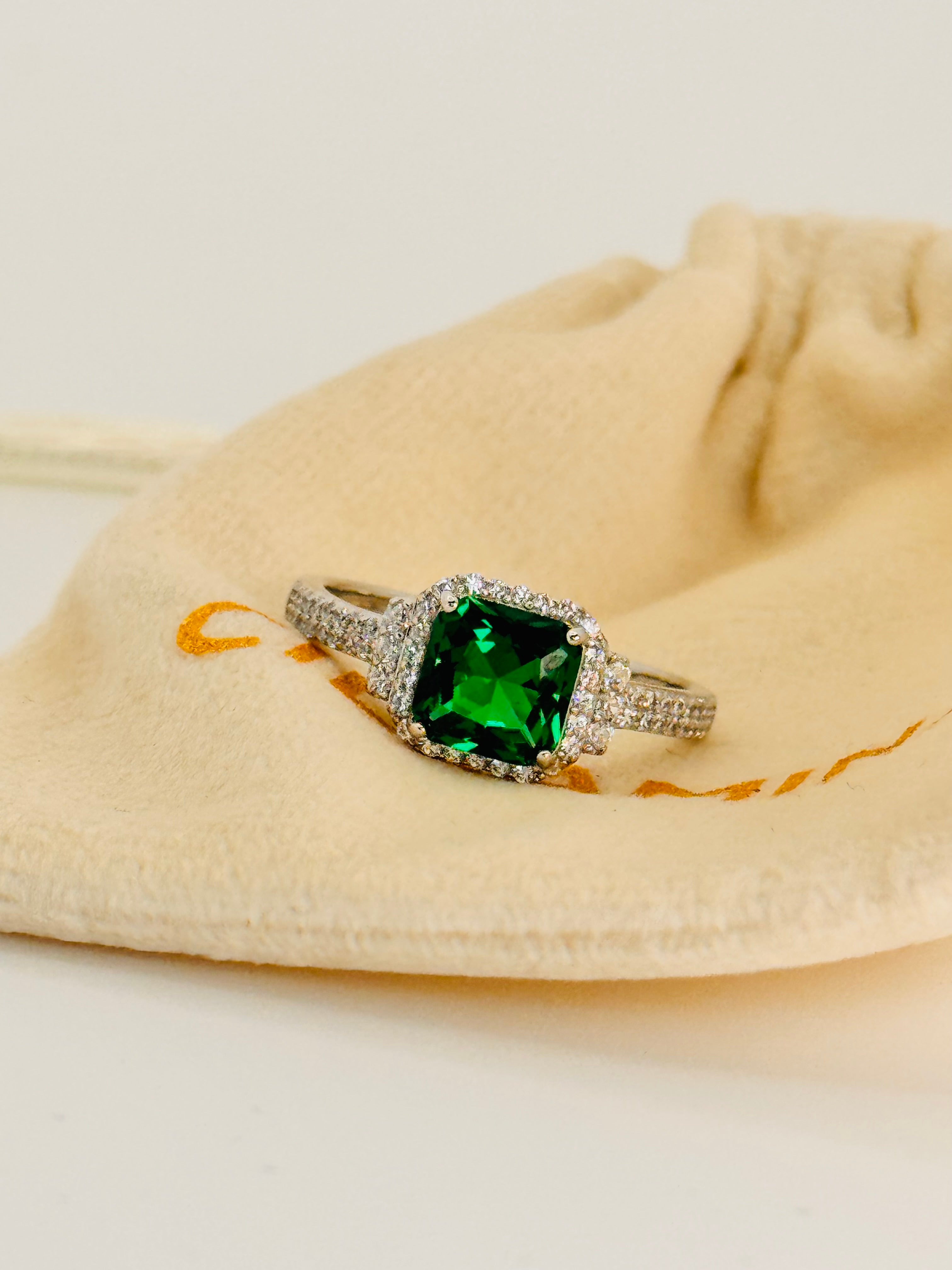 Rhodium Plated Emerald Cushion Cut on 925 Sterling Silver