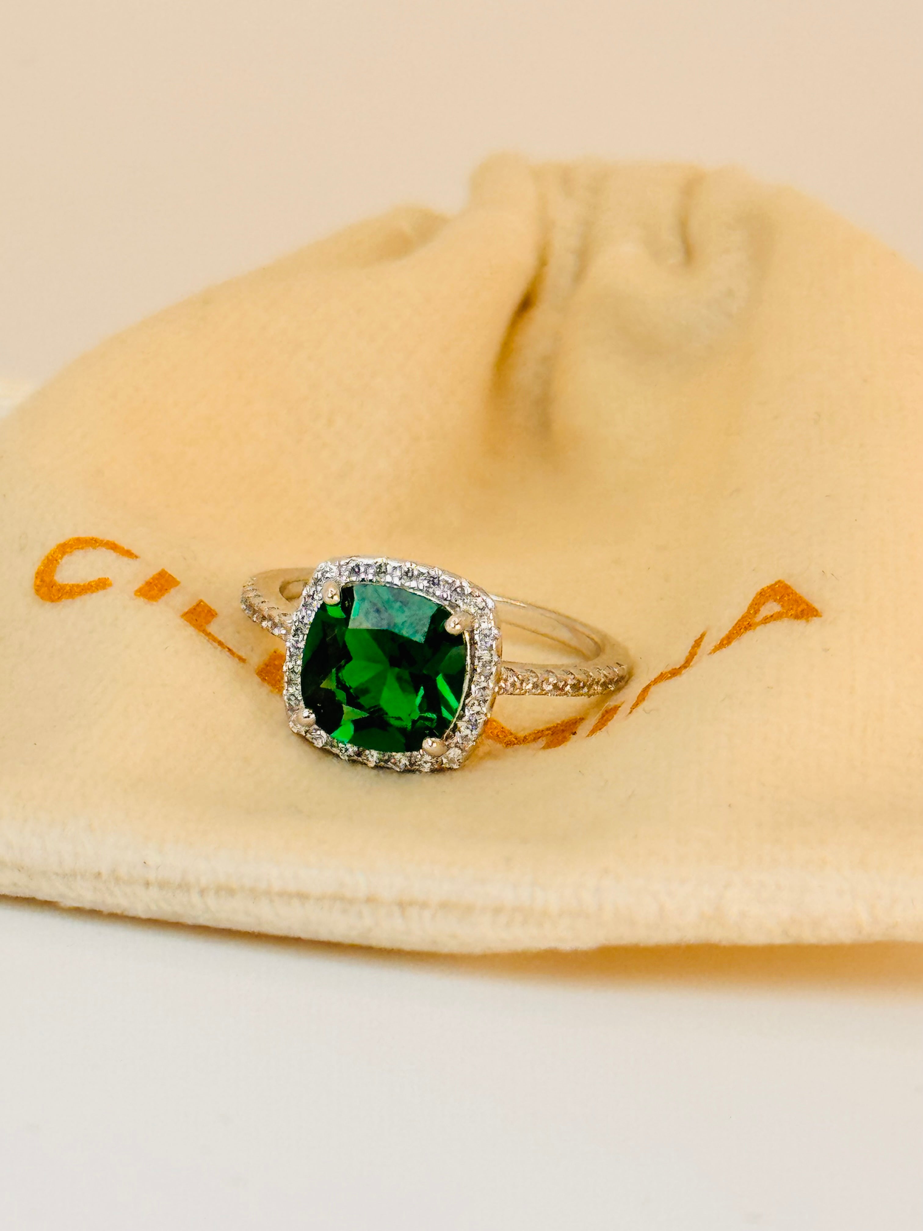 Rhodium Plated Emerald Pronged Cushion on 925 Sterling Silver