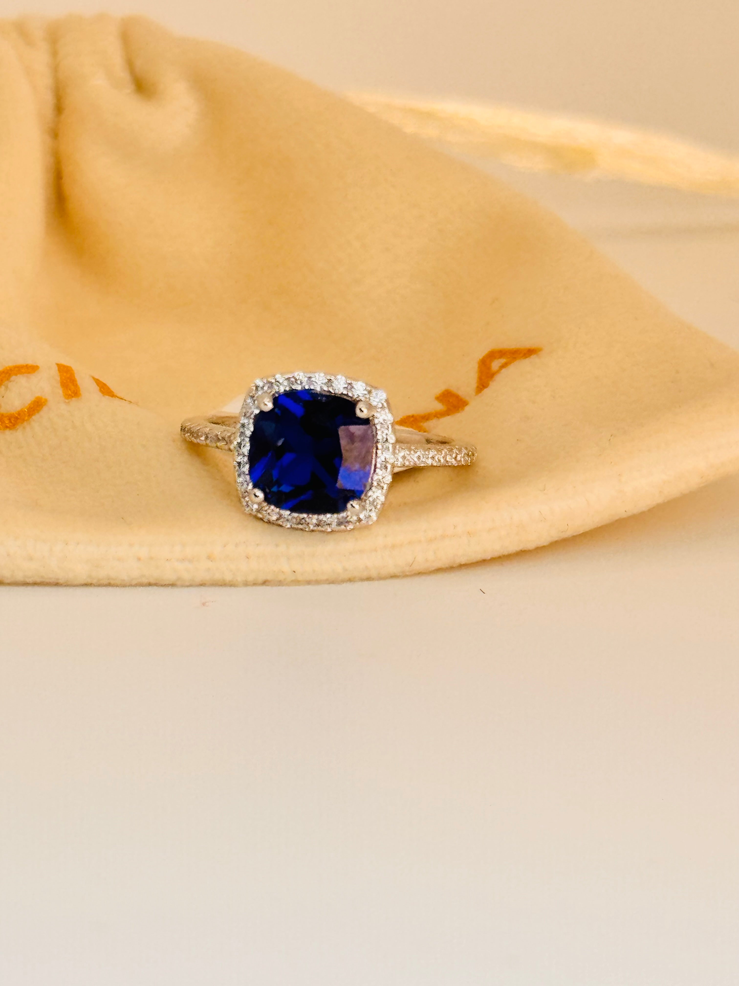 Rhodium Plated Sapphire Cushion Cut on Solid 925 Sterling Silver